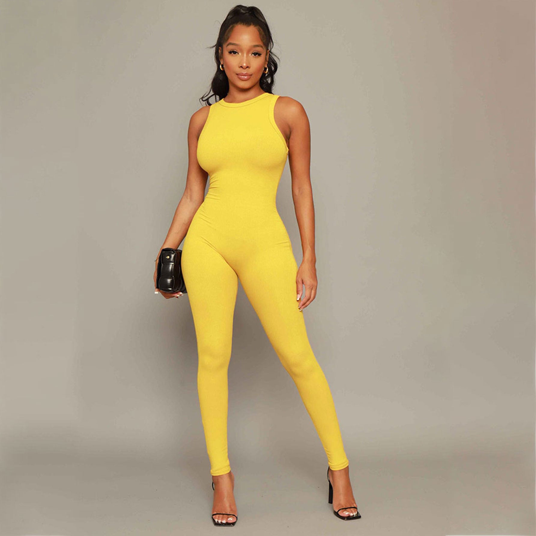 Women Solid Stretch Sleeveless Sexy Round Neck Jumpsuit 7