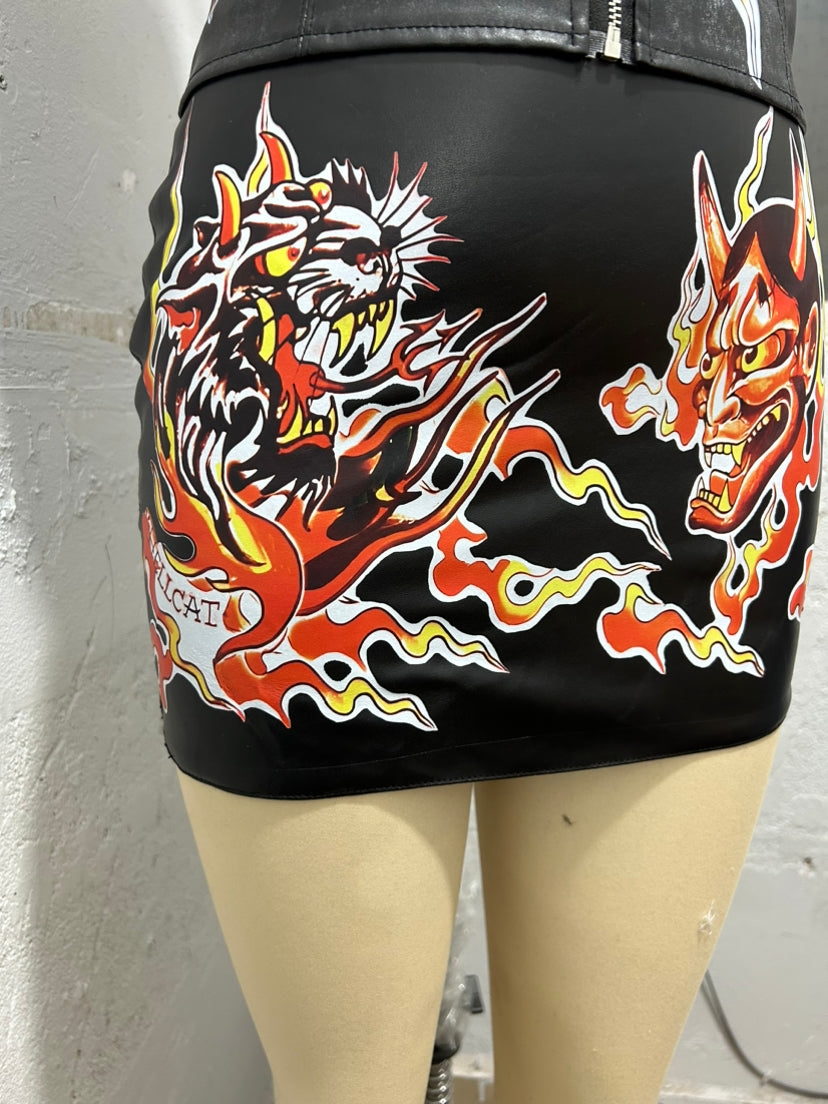 Fashion Pu Leather Halter Neck Sexy Lace-Up Printed Tight Fitting Two-Piece Skirt Set 7