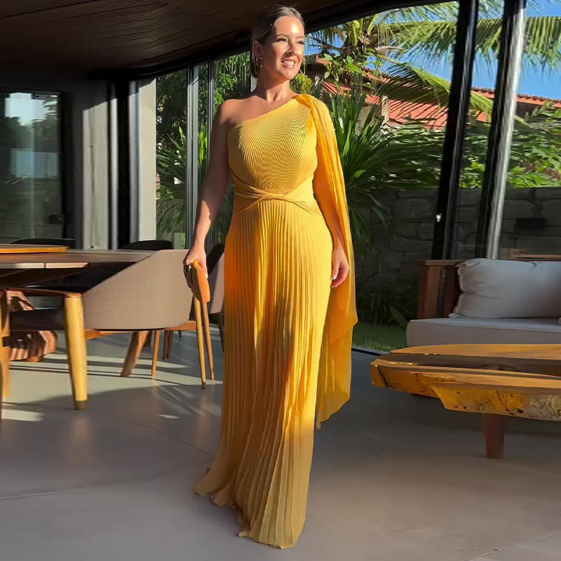 Summer Solid Color Fashion Slash Shoulder Raglan Sleeve Slim Waist Pleated Long Dress 3