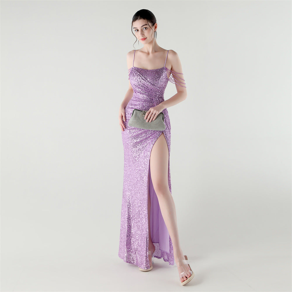 Sexy Low Back Fishtail Sequin Evening Dress Beaded Slim Dinner Gown 15