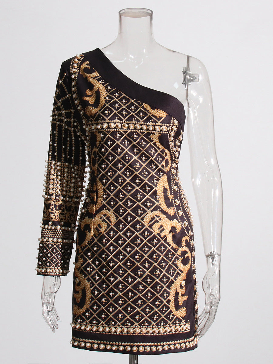 Women French Retro Beaded Single Sleeve Slash Shoulder Long Sleeve Dress 3