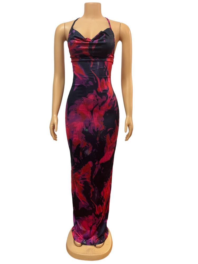 Women printed Halter Neck Lace-Up sexy backless bodycon dress 6