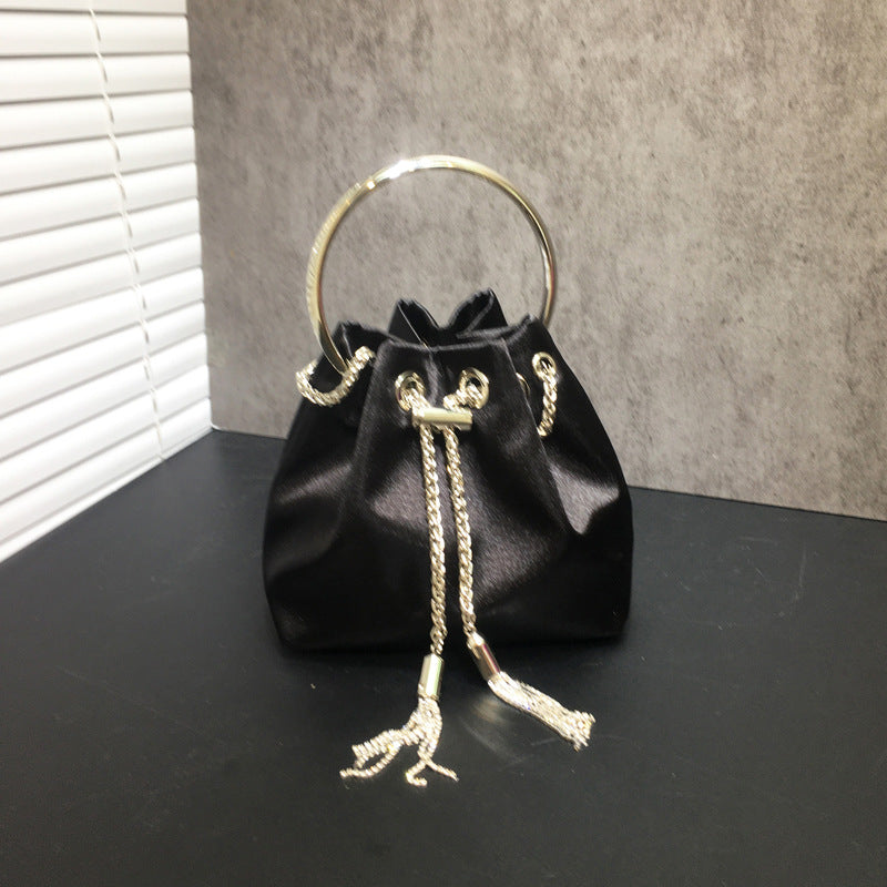 Women's Dinner Bag Flash Diamond Tassel Drawstring Satin Handheld Mini Bucket Bag Chain Messenger Bag 3