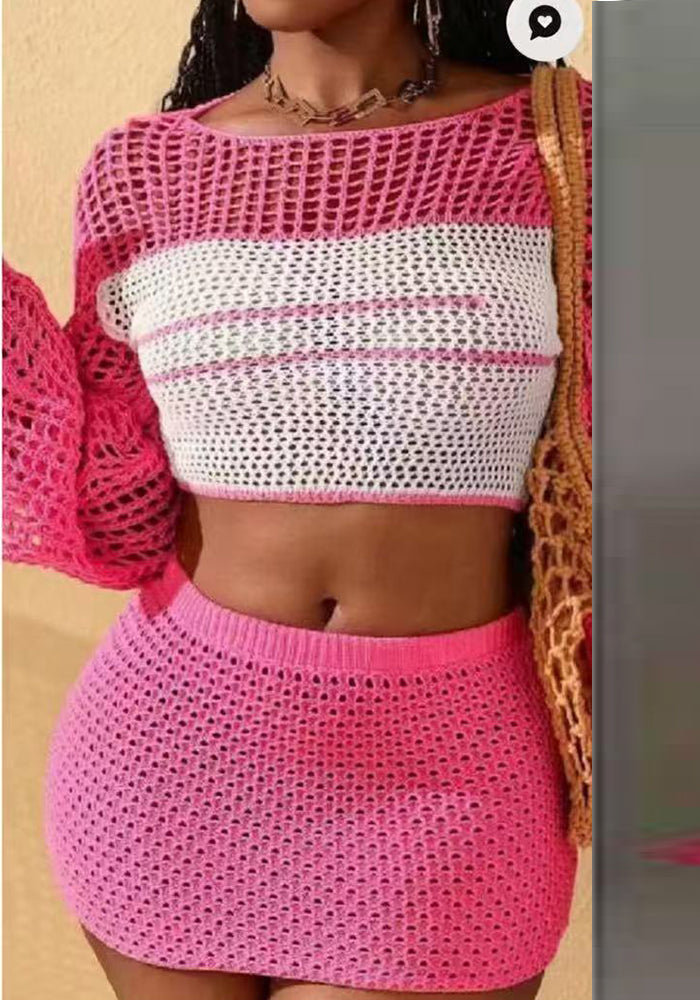 Cropped Y2K Beach Lace-Up Knit Top & Skirt Set