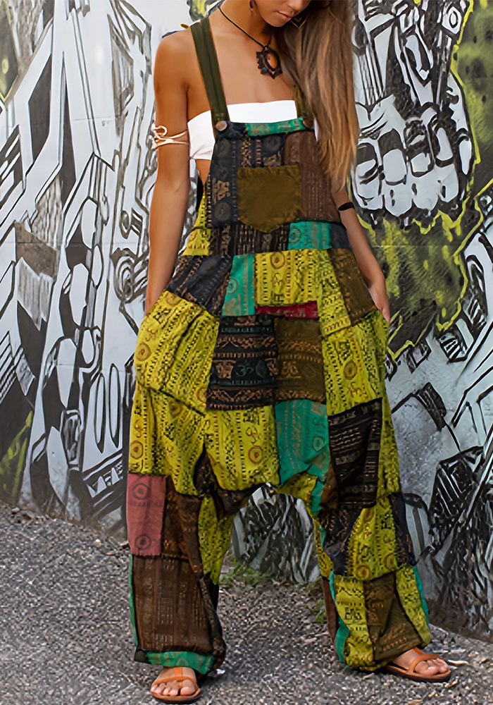 Women hippie patchwork print sleeveless jumpsuit