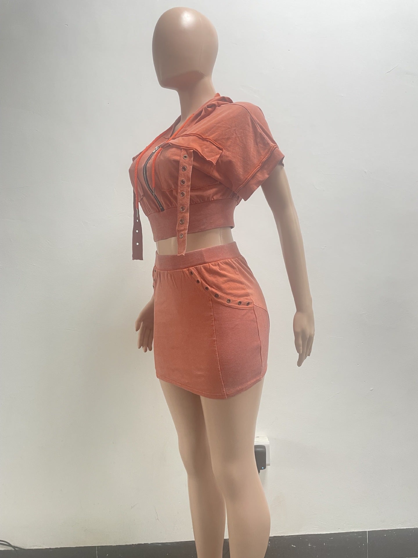 Women Fashion Short Sleeve Patchwork Pocket Top and Skrit Two-piece Set 6