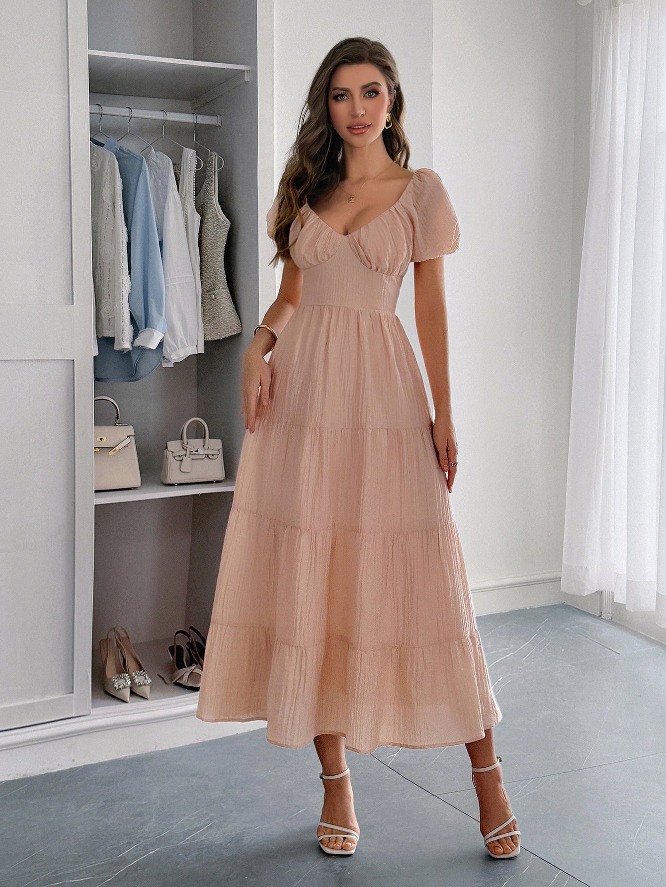 Spring-Summer Elegant Holiday Solid Short-Sleeve Maxi Dress for Women 9