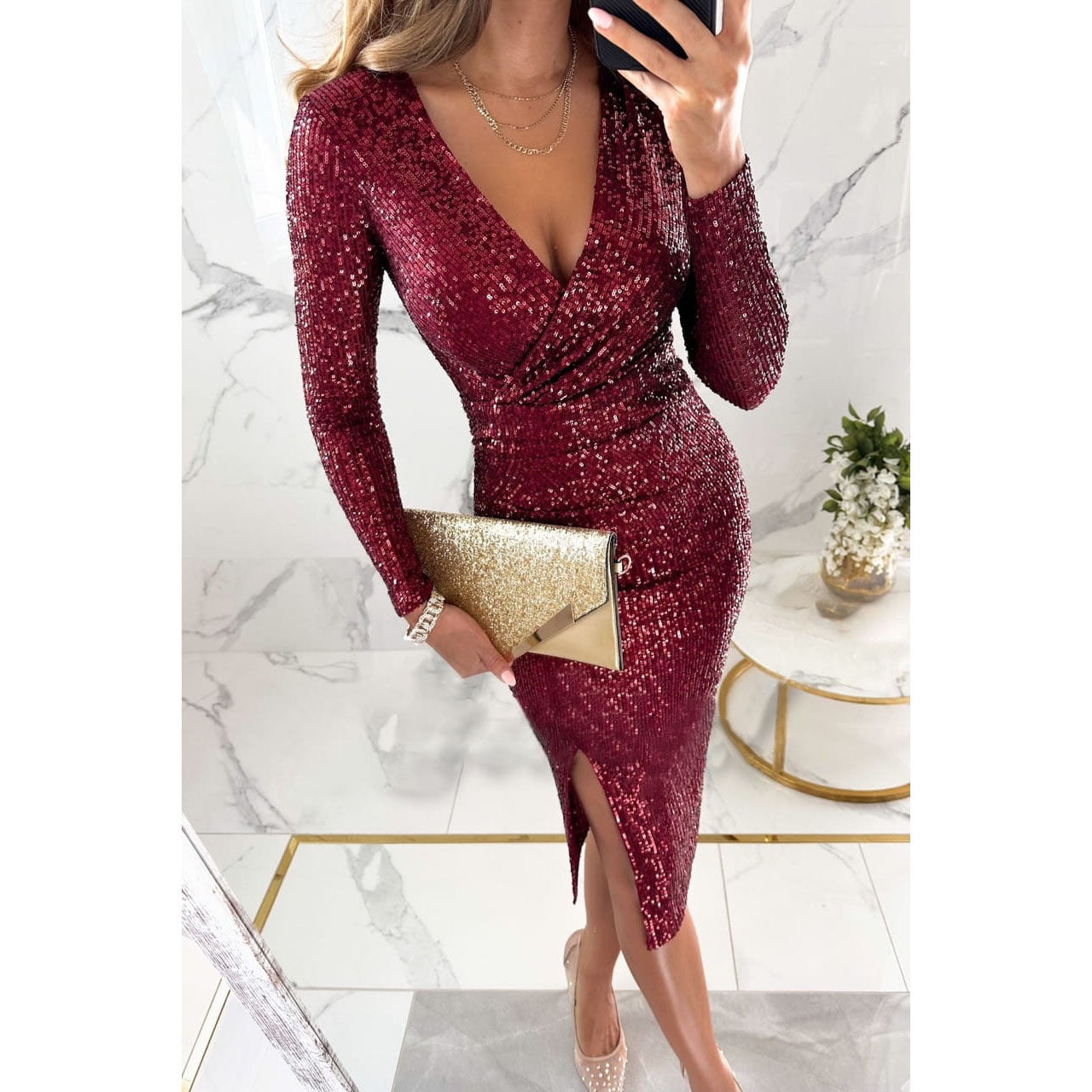 Women Party Sequin Slit Long Sleeve Dress 6