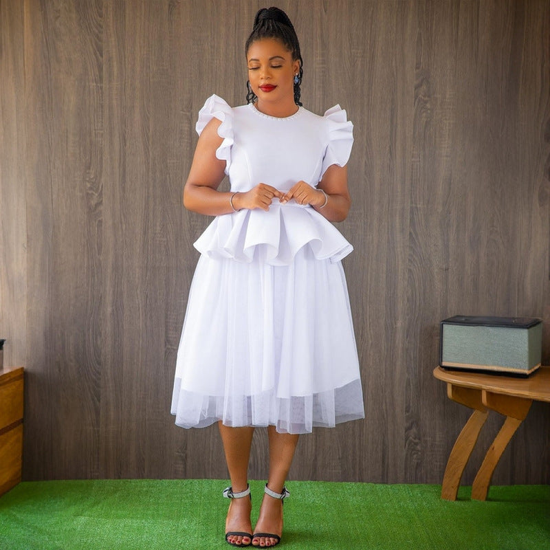 Ruffle Mesh Patchwork Mid-Length Wedding Dress 3