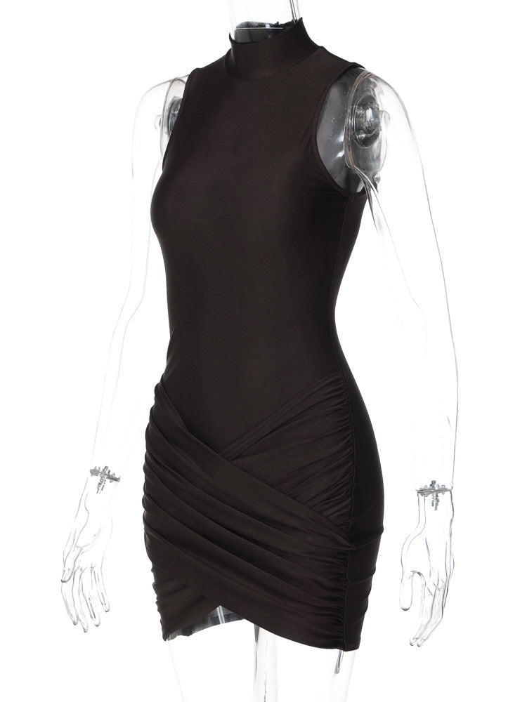 Women's Sexy Half Turtle Neck Sleeveless Slim Pleated Bodycon Dress 7