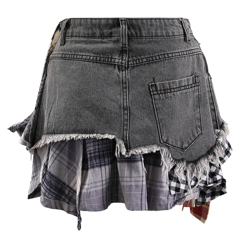 Women American summer irregular plaid patchwork denim skirt 5