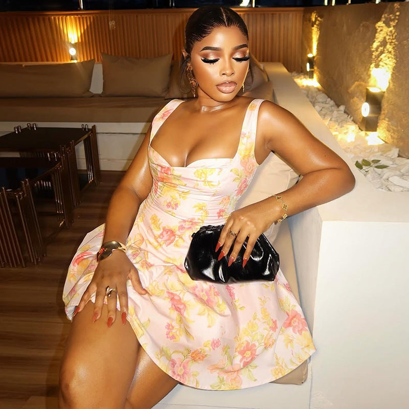 Sexy Sweet Women's Low Back Printed Trendy Strap Slim Waist A-line Short Dress