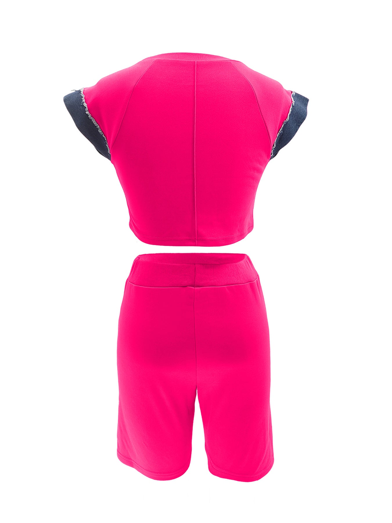 Women's Casual Denim Patchwork Short Sleeve Top Shorts Two-piece Set 12