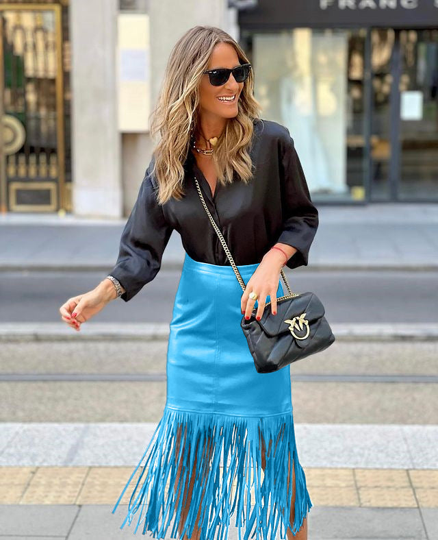 Street Trend Fall/Winter Tassel Patchwork Leather Skirt 5