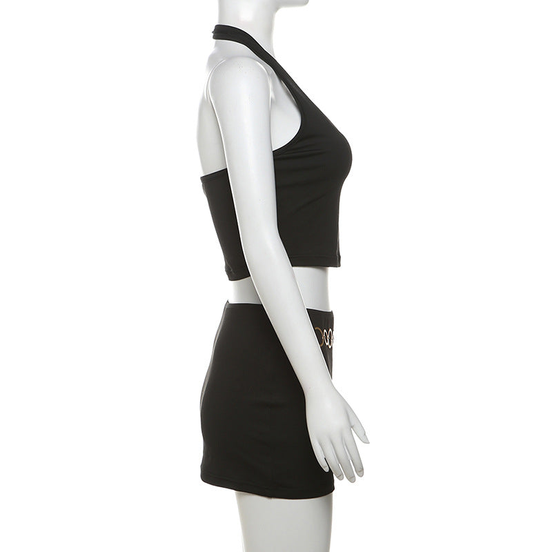 Summer sexy Low Back Halter Neck top high waist tight slim short skirt two piece set 7