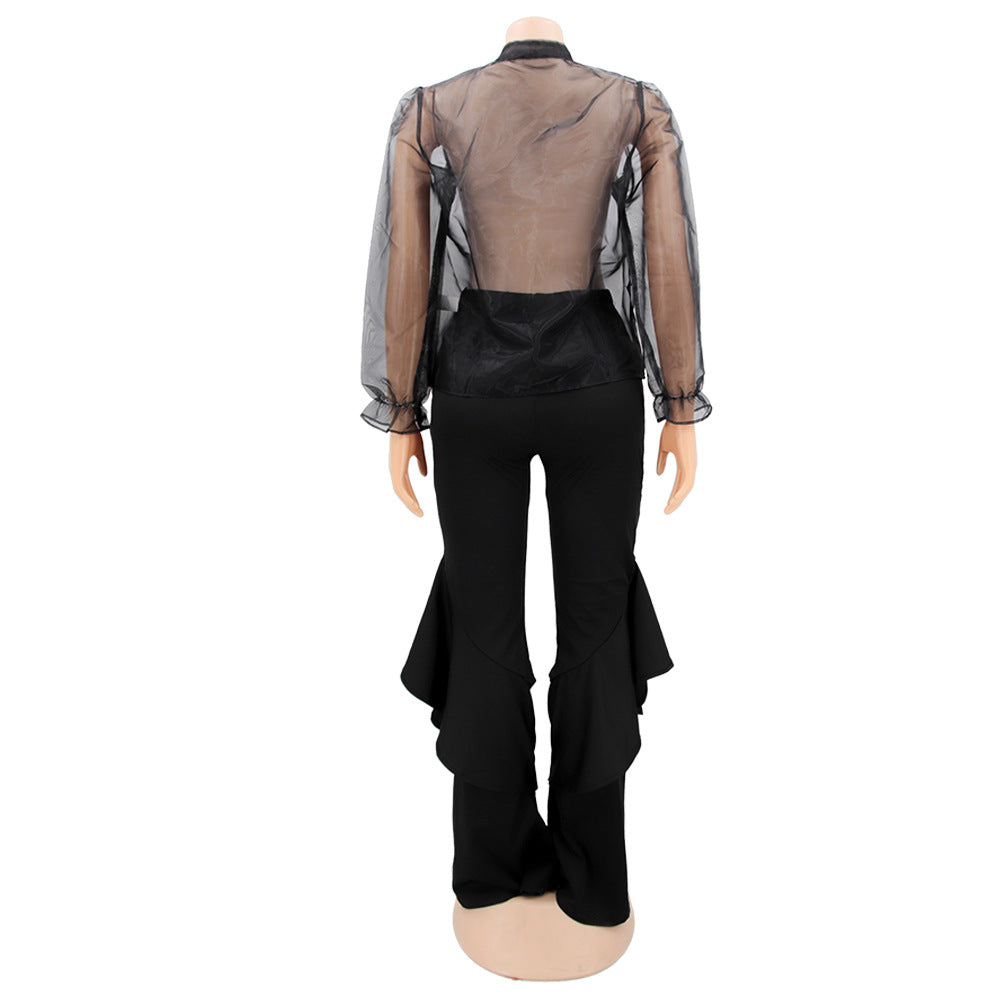 Sexy Mesh Tops Bell Bottom Pants Women's Casual Two Piece Set 15