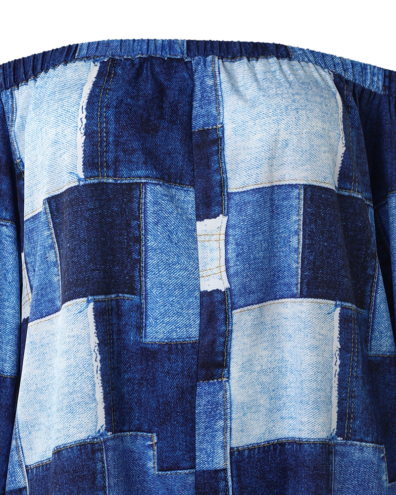 Contrast Block Print Off Shoulder Casual Jumpsuit 5