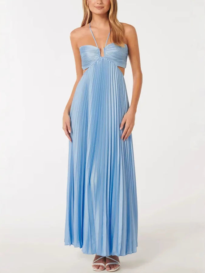 Women's Sweet Sexy Halter Strapless Pleated Solid Color Maxi Dress 5