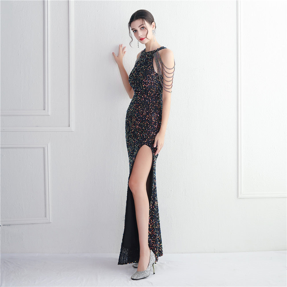 Beading Formal Party Chic Elegant Long Halter Neck Split Sequins Evening Dress 11