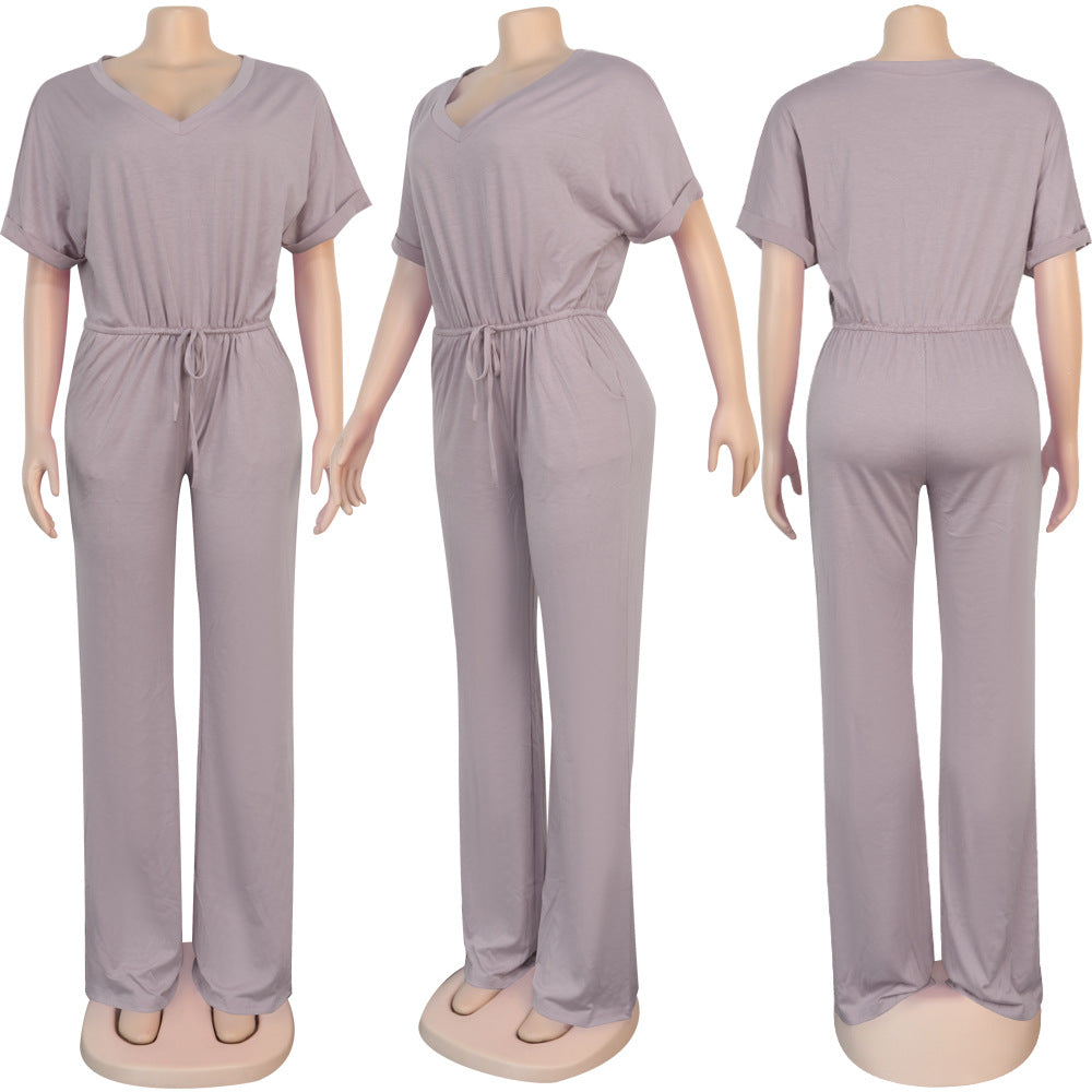 Sexy Women's Loose Casual Solid Color V-Neck Women's Jumpsuit 16