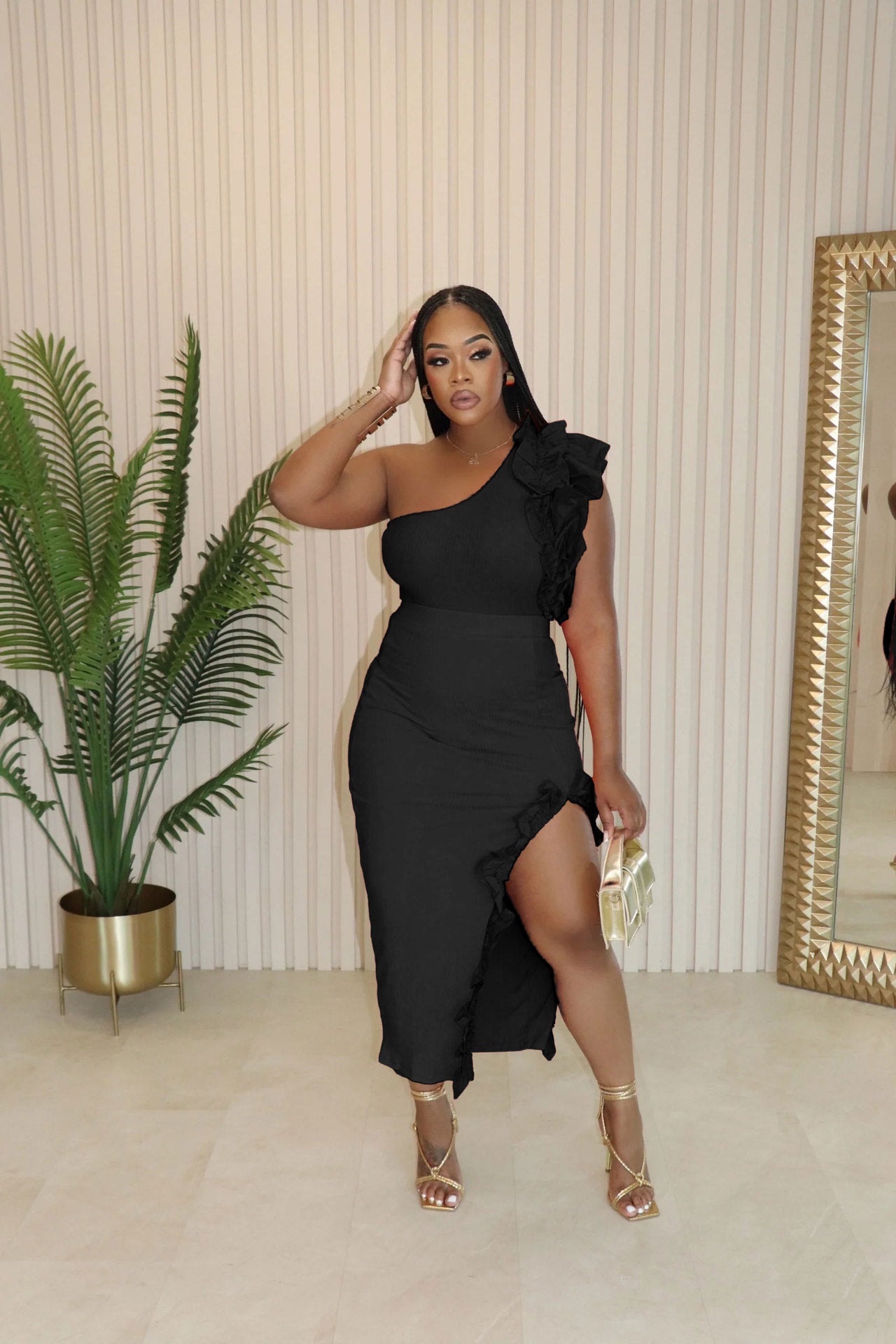 Solid Ruffled Slash Shoulder Slit Two Piece Skirt Set