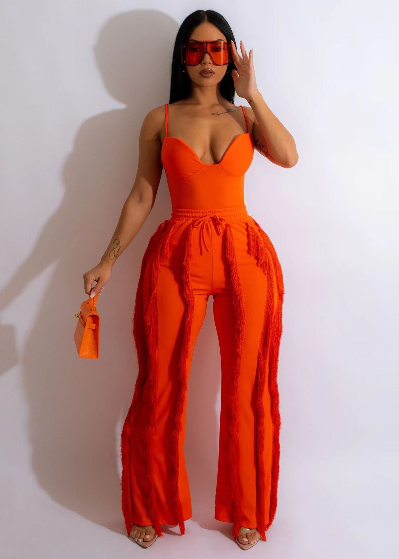 Women's Solid Color Straps Top Tassel Pants Two-Piece Set 12