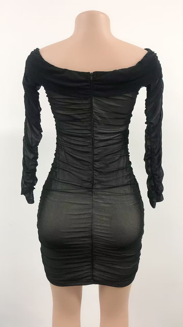 Women Long Sleeve Off Shoulder Mesh Mini Dress 16