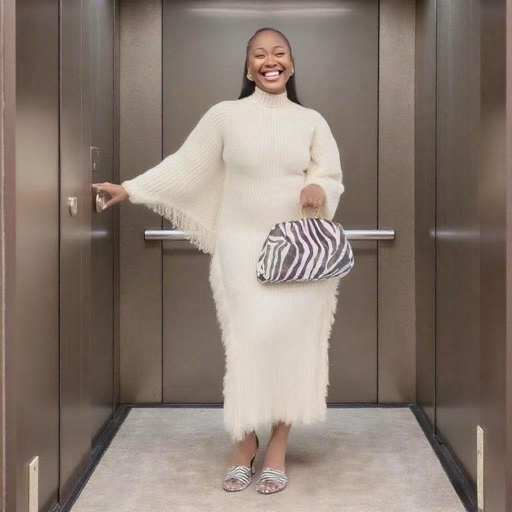 Crochet Fringe Solid Color Round Neck Bat Sleeve Long Knit Dress 4