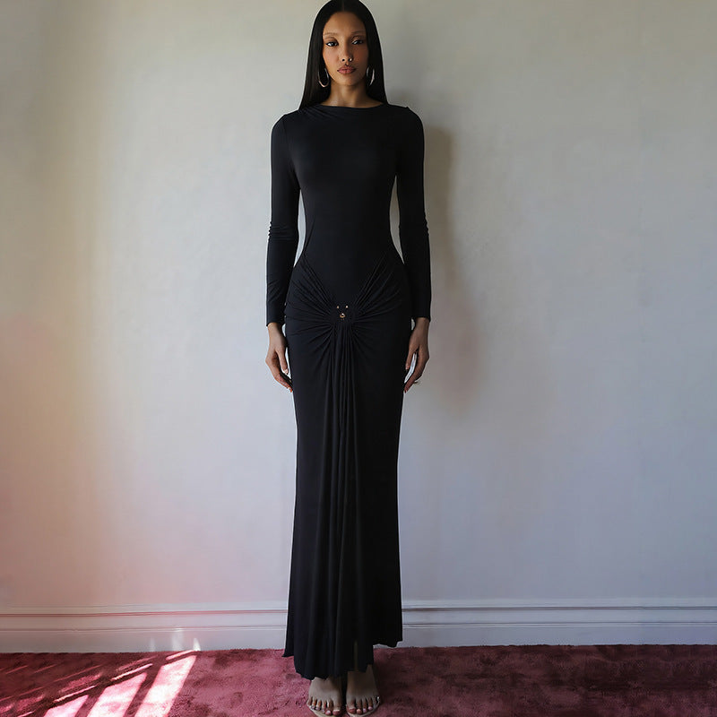 Women autumn/winter elegant solid long-sleeved metal ring lace-up dress Dresses 7