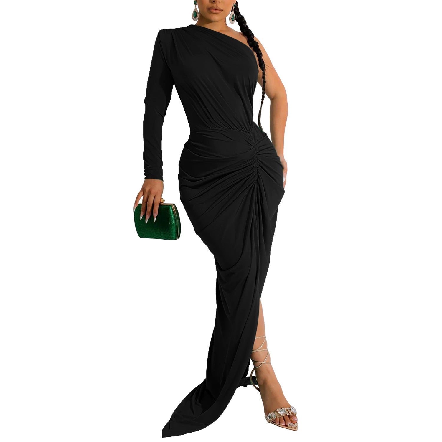 Fashion Women's Solid Color Slash Shoulder Single Long Sleeve Long Pleated Dress 14