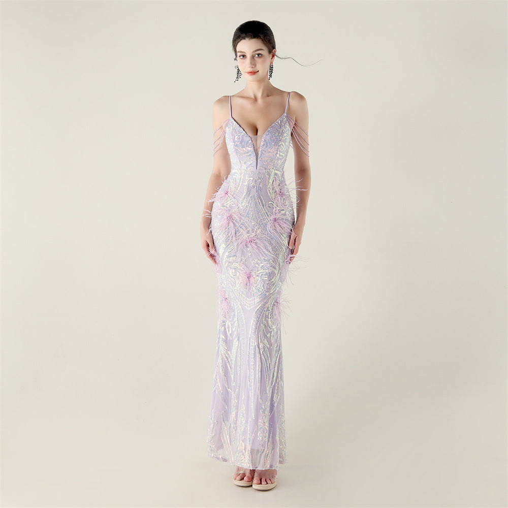 Women Beaded Feather Decoration Beaded Fishtail Evening Dress 13