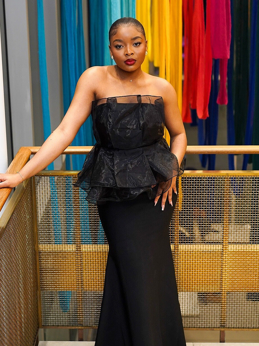 Summer Strapless Ruffled Mesh Patchwork Solid Mermaid Evening Dress 4