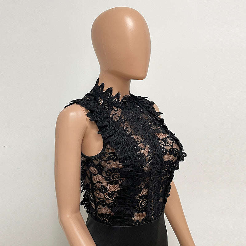 Women's High Neck Fashion Sleeveless Lace Patchwork Straight Leg Women's Jumpsuit 17