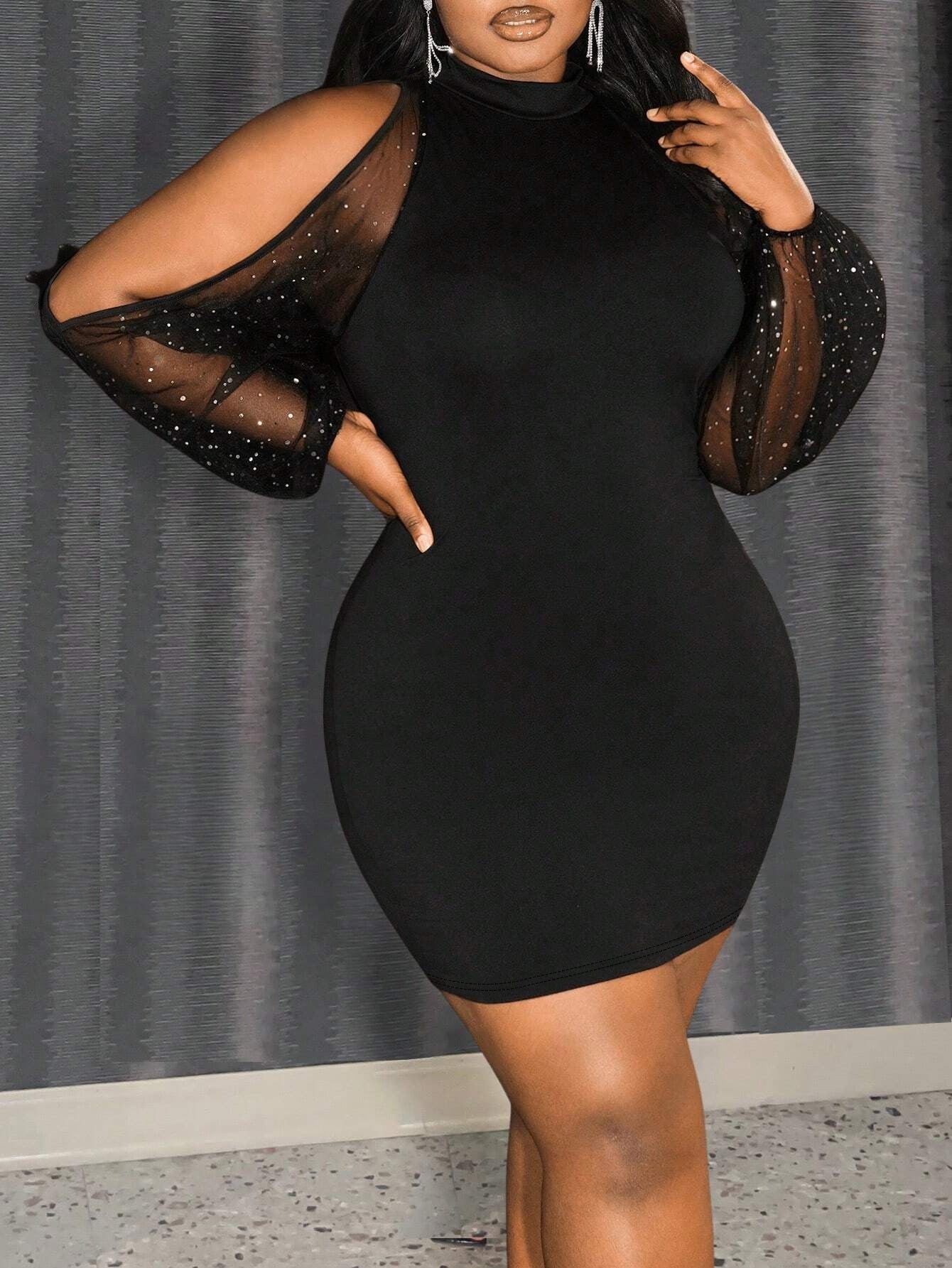 Plus Size Women round neck off-shoulder mesh patchwork long-sleeved bodycon dress 5