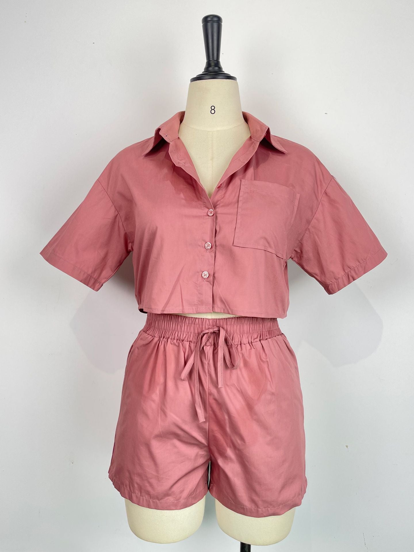 Ladies Short Sleeve Shirt Set Elastic Pocket Shorts Two-Piece Set 23