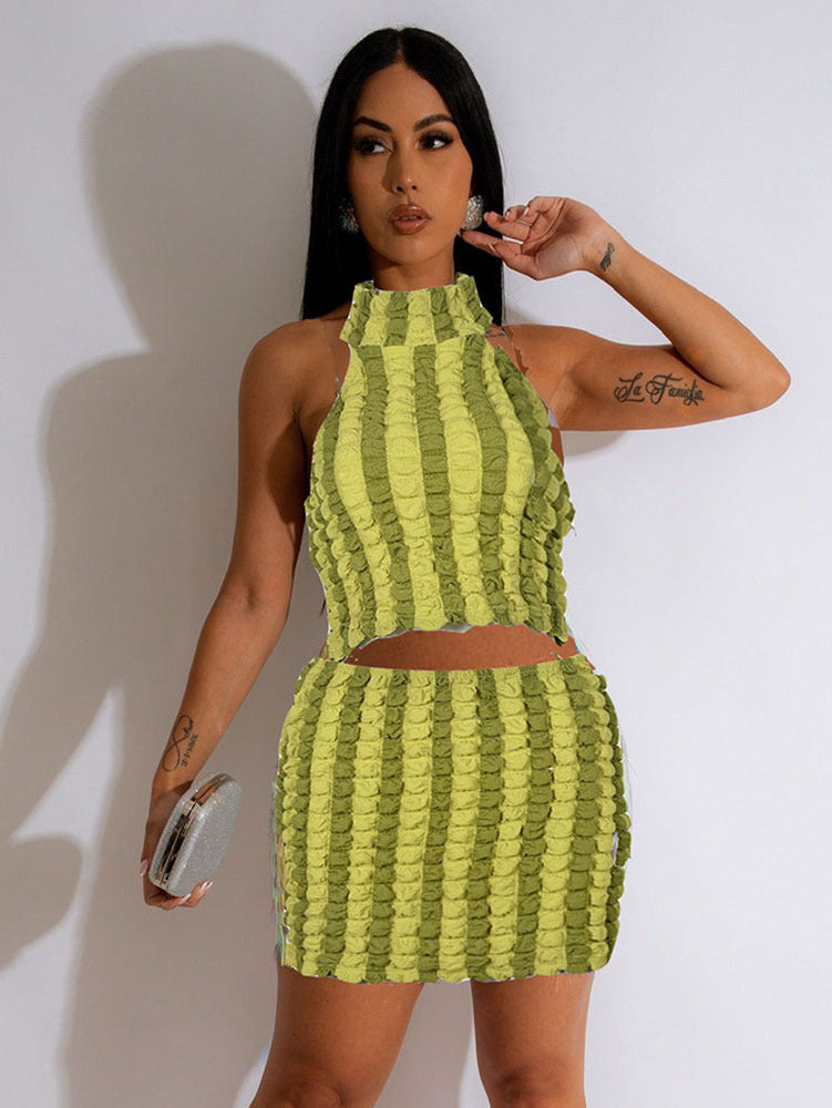 Women's Summer Halter Neck Low Back Crop Top and Skirt Two Piece Set 4