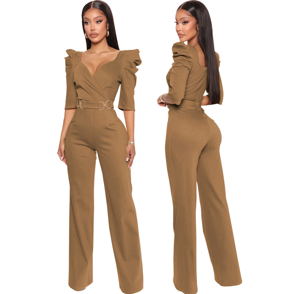 Sexy Fashion Solid Color Three-Quarter Sleeve V-Neck Jumpsuit Women's Clothing 12