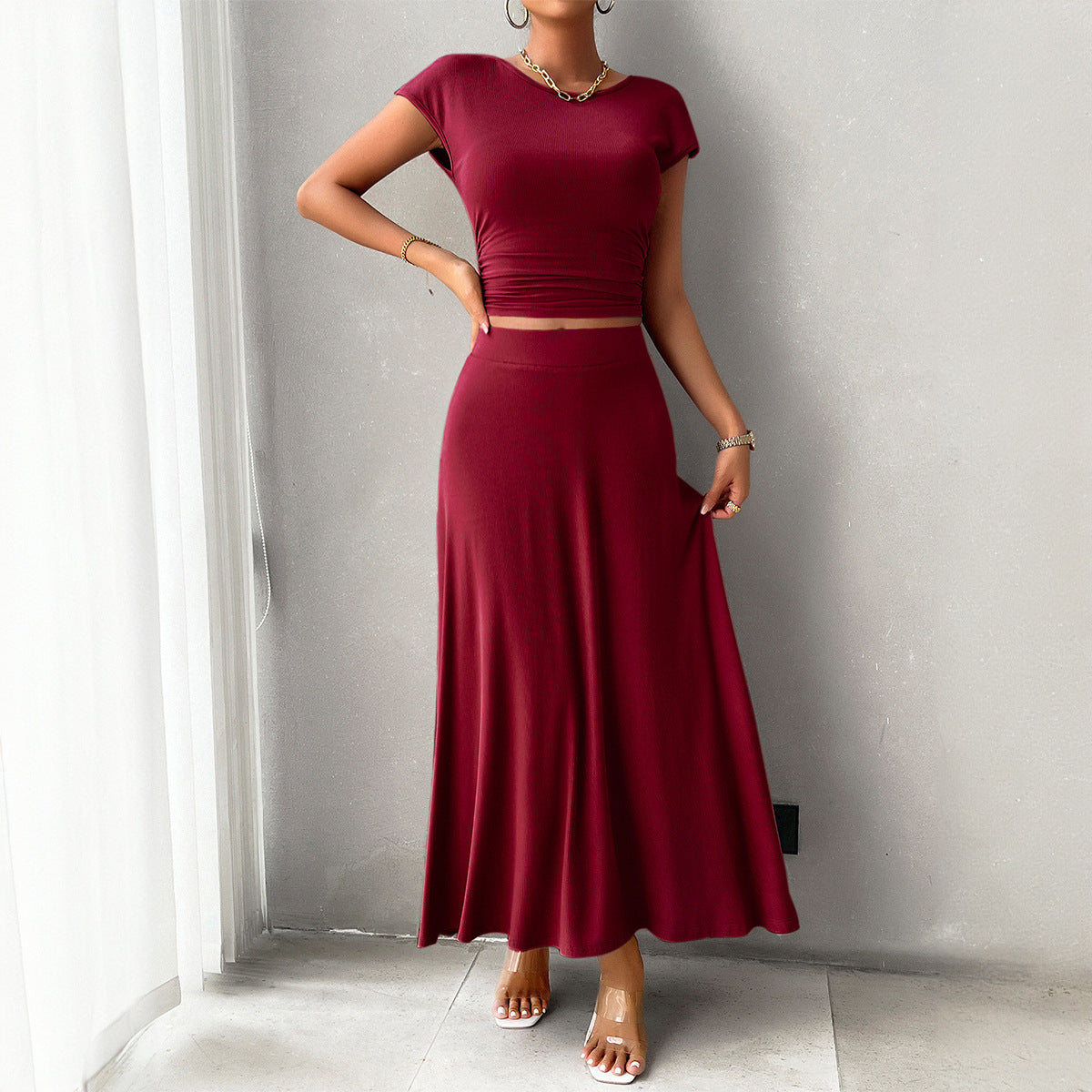 Spring Summer Short-Sleeved Women's Chic Solid Color Two Piece Skirt Set 12