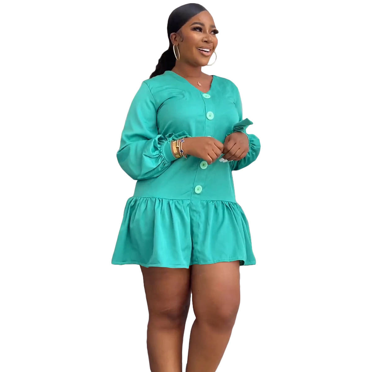 Women's Fashion Casual V-Neck Long Sleeve Ruffled Pleated Dress