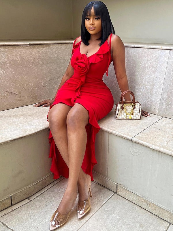 Women's Solid Color Sexy Sleeveless Strap Flower Irregular Trendy Dress 5