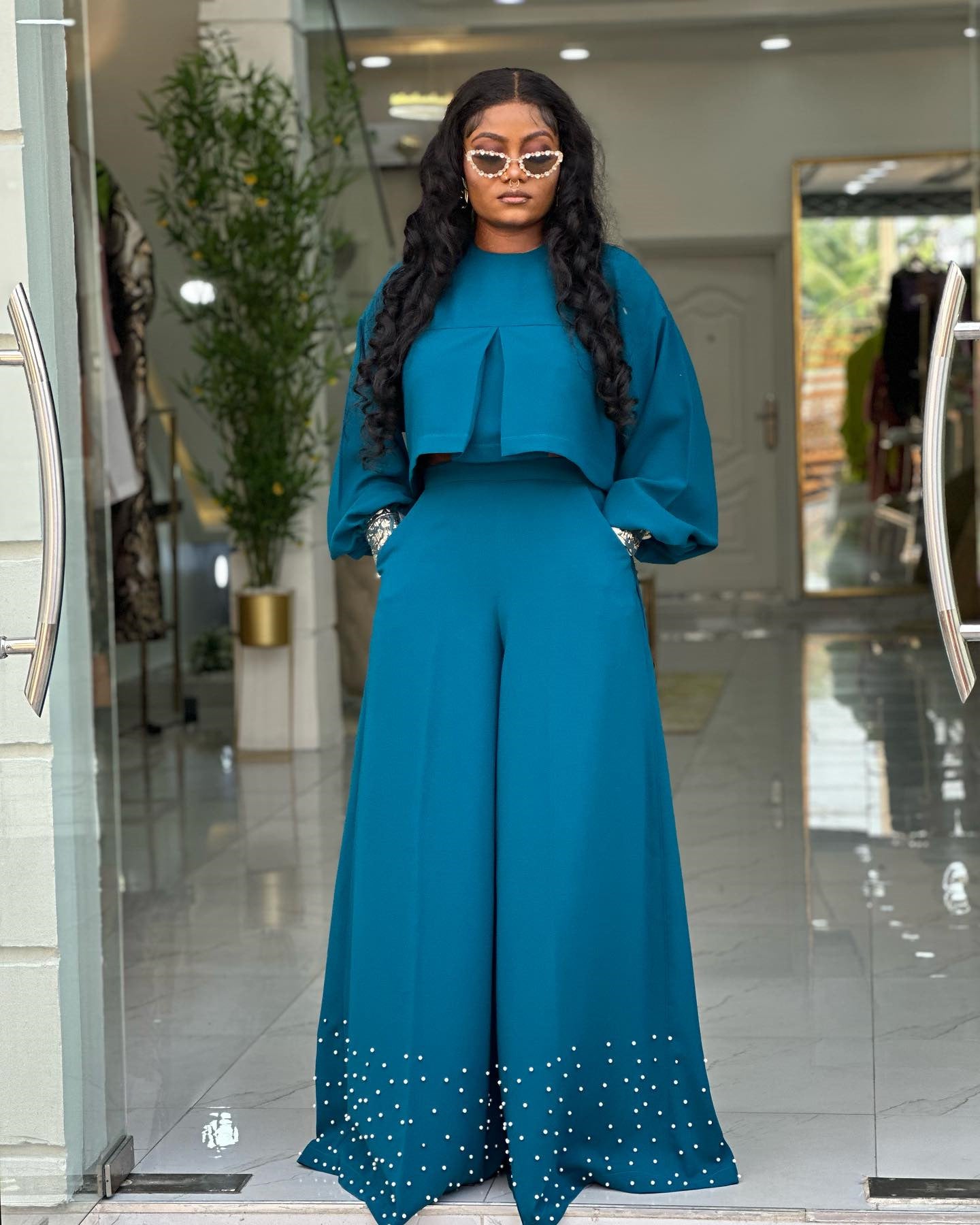 Women Spring Summer Round Neck Irregular Lantern Sleeve Top Beaded Wide Leg Pants Two-Piece Set