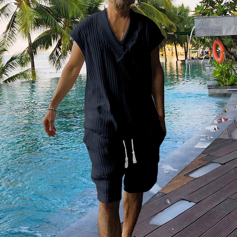Men's Summer Loose Sleeveless T-Shirt Shorts Men's Summer Casual Jacquard Knitting Set 3