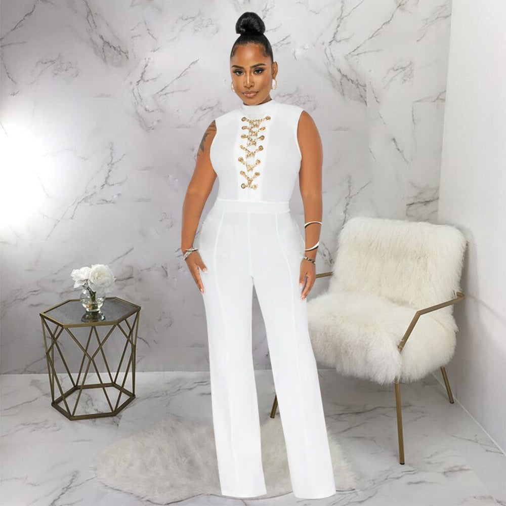 Women's Sexy Solid Color Sleeveless Round Neck Wide-Leg Jumpsuit