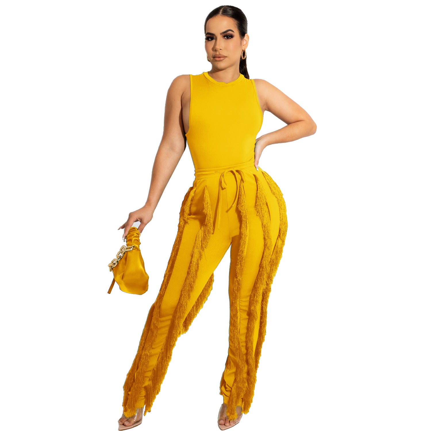 Women's Two Piece Tassel Pants Sleeveless Casual Two Piece Set 11