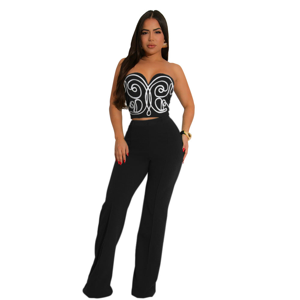Women Strapless Crop Top and Solid Long Pants Two-Piece Set 15