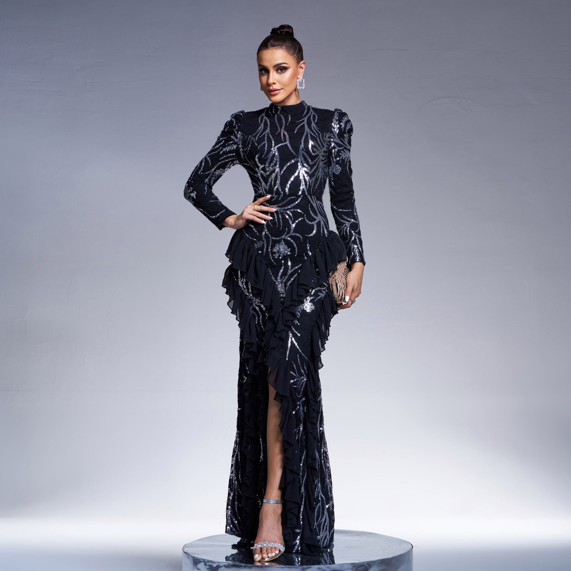 Women long sleeve round neck sexy sequins formal party maxi evening dress 6