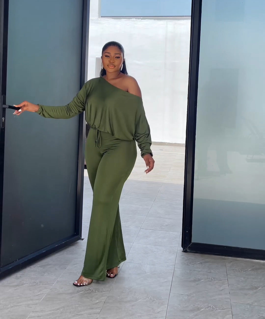 Women's Fashion Casual Solid Bat Sleeves Drawstring Jumpsuit 6