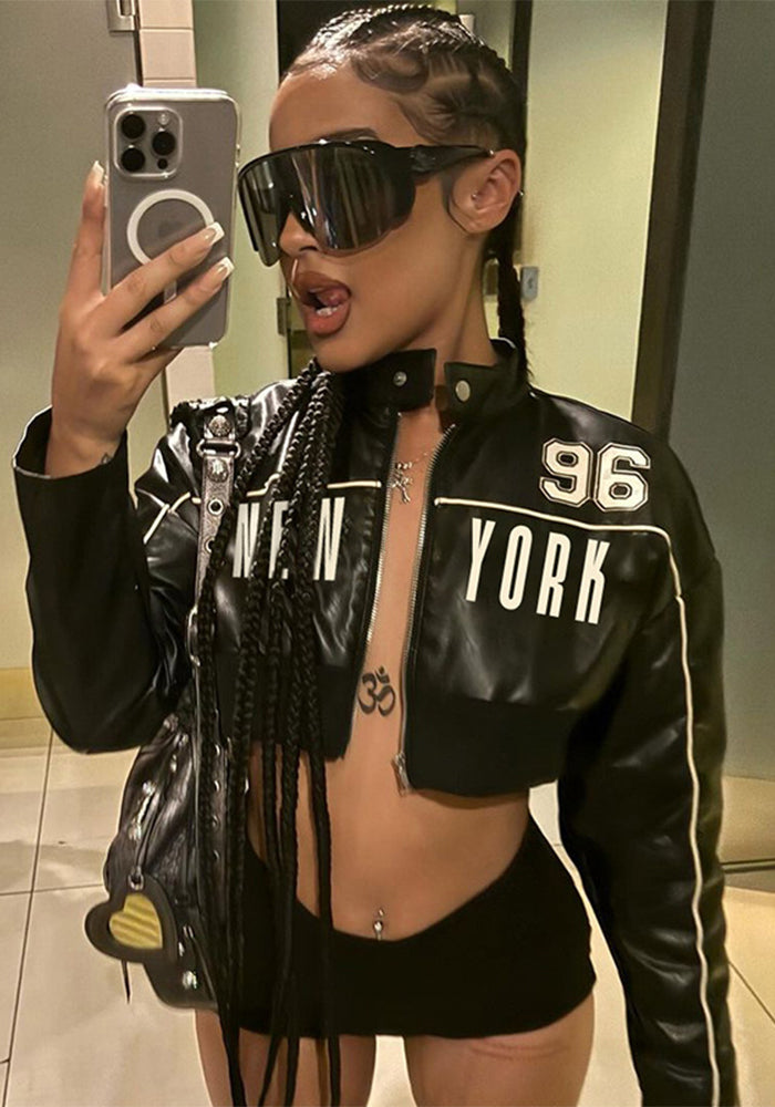 Women American letter print contrast color zipper long sleeve Pu Leather Crop jacket