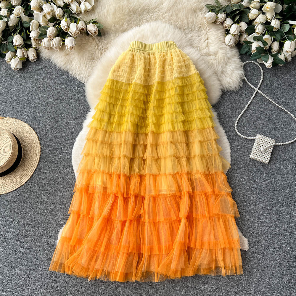 Women  Irregular Gradient Cascading Ruffles Puffy Mesh Skirt