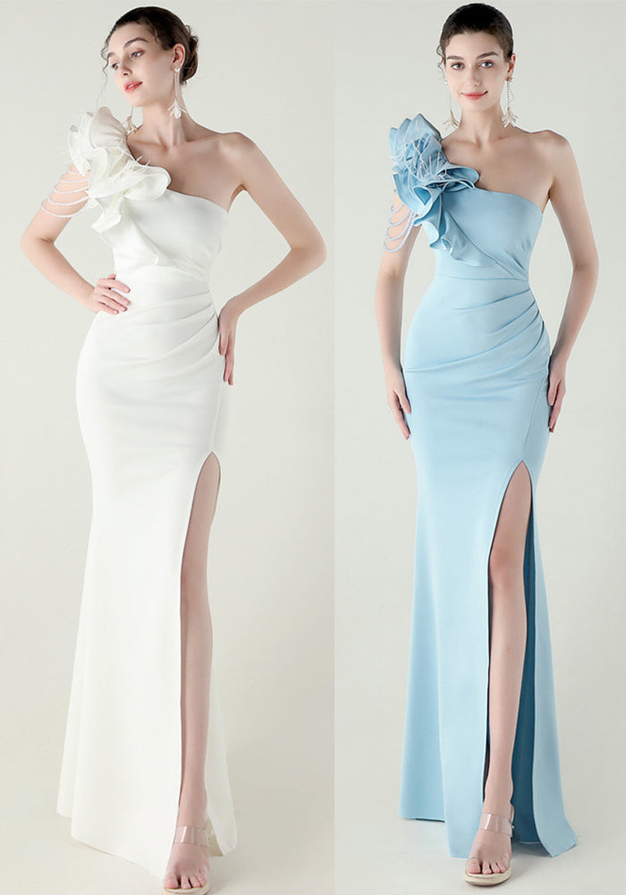 Women One-Shoulder Beaded Wool and Floral Satin Slit Sexy Evening Dress